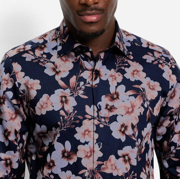 OLYMP Navy Print Level 5 Body Fit Shirt