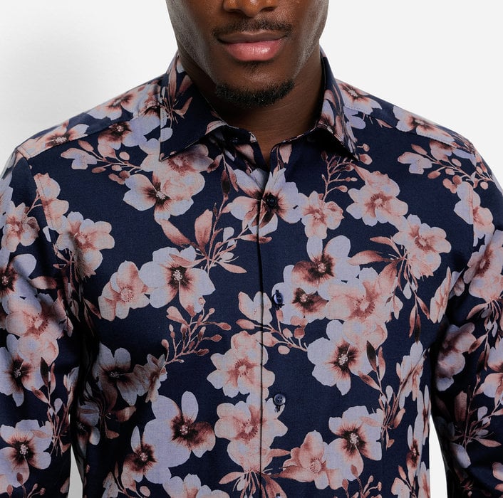 OLYMP Navy Print Level 5 Body Fit Shirt