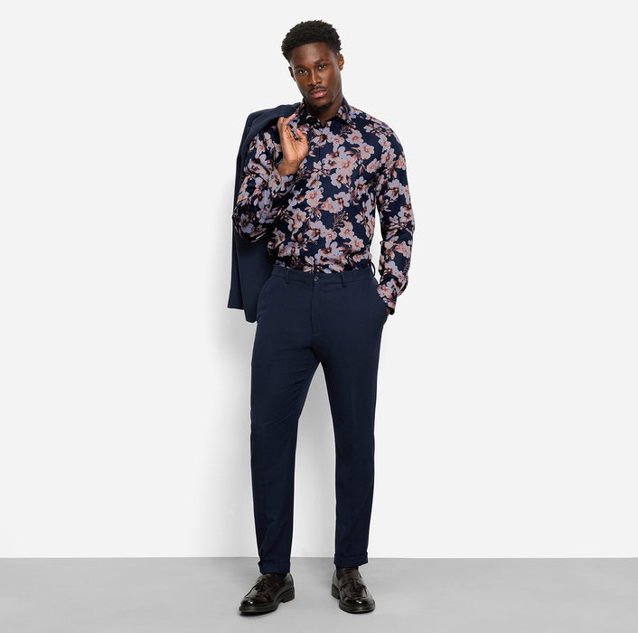 OLYMP Navy Print Level 5 Body Fit Shirt