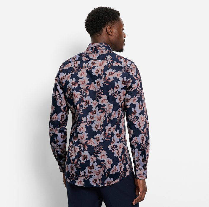 OLYMP Navy Print Level 5 Body Fit Shirt