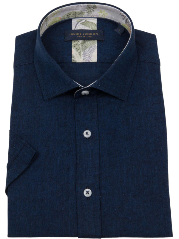 GUIDE LONDON NAVY LINEN MIX SHORT SLEEVE PRINT SHIRT