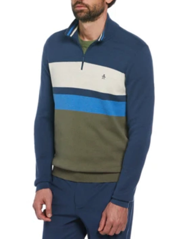 ORIGINAL PENGUIN DUSTY OLIVE STRIPED 1/4 ZIP