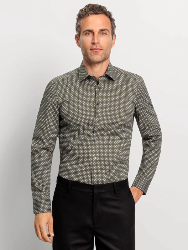 OLYMP Olive Print Level 5 Body Fit Shirt