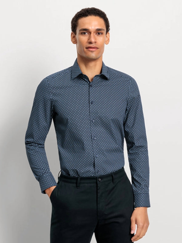 OLYMP Navy Print Level 5 Body Fit Shirt