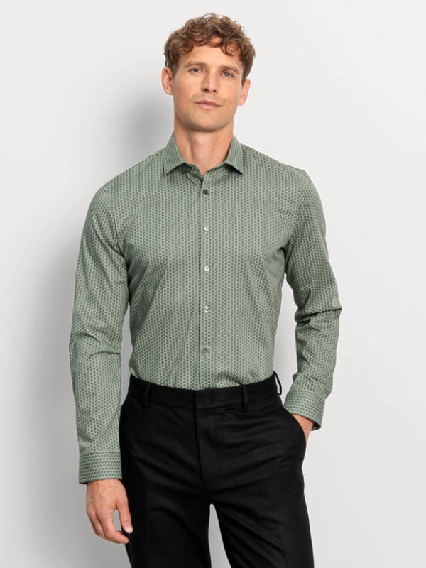 Olymp Sage Geen Print Super Slim Shirt