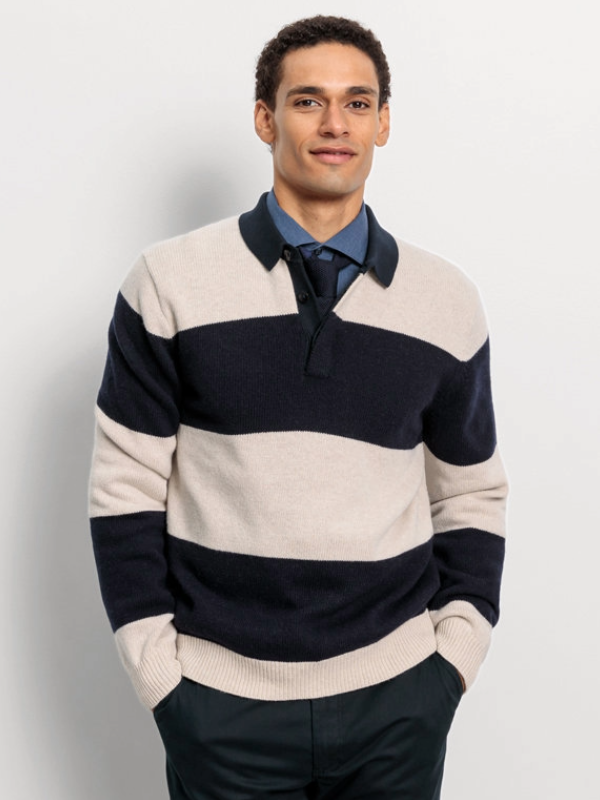 OLYMP Navy & Cream Striped Knitted Polo