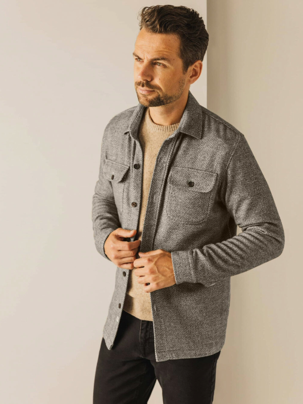 State Of Art Beige & Charcoal Herringbone Overshirt