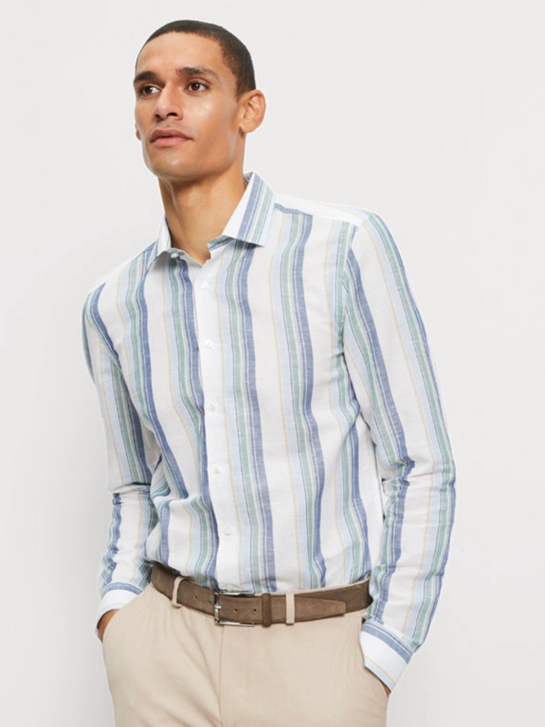 Olymp Blue Stripe Linen Mix Body Fit Shirt