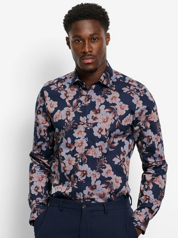 OLYMP Navy Print Level 5 Body Fit Shirt