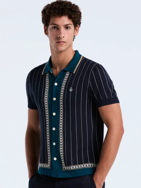 ORIGINAL PENGUIN STRIPED BUTTON FRONT SWEATER