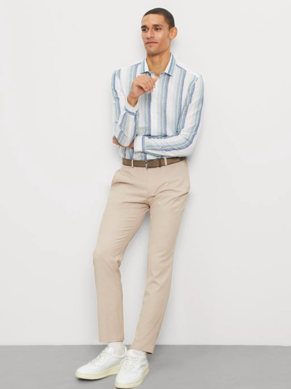 Olymp Blue Stripe Linen Mix Body Fit Shirt