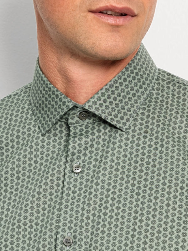 Olymp Sage Geen Print Super Slim Shirt