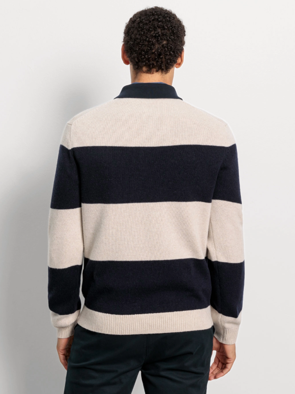 OLYMP Navy & Cream Striped Knitted Polo