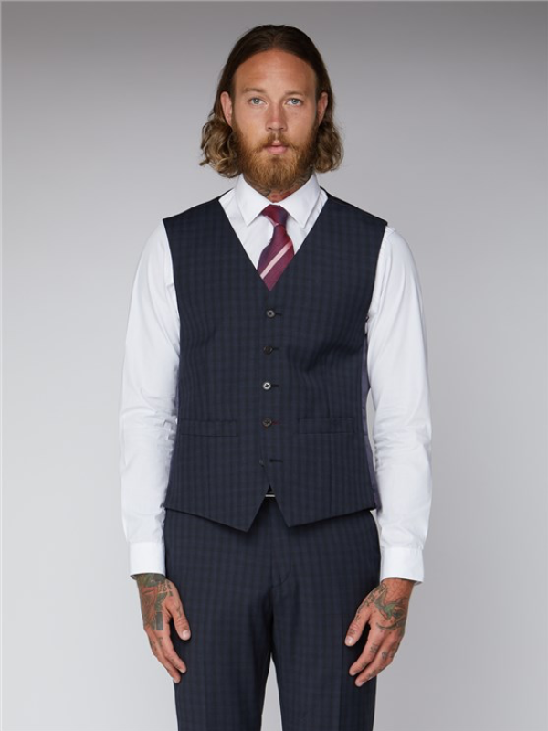 Gibson London Blue Small Check Waistcoat