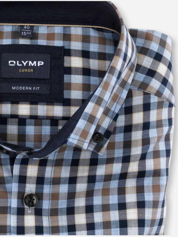 Olymp Blue & Taupe Check Modern Fit Shirt
