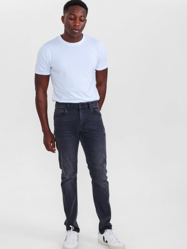 Grey jeans blue t top shirt